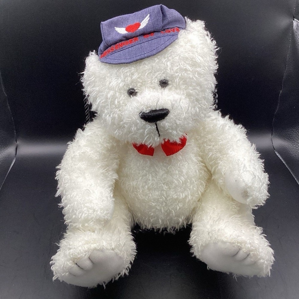 Messenger Of Love White Plush Bear W/ Hat And Red Bow-8" Collectible Plushy